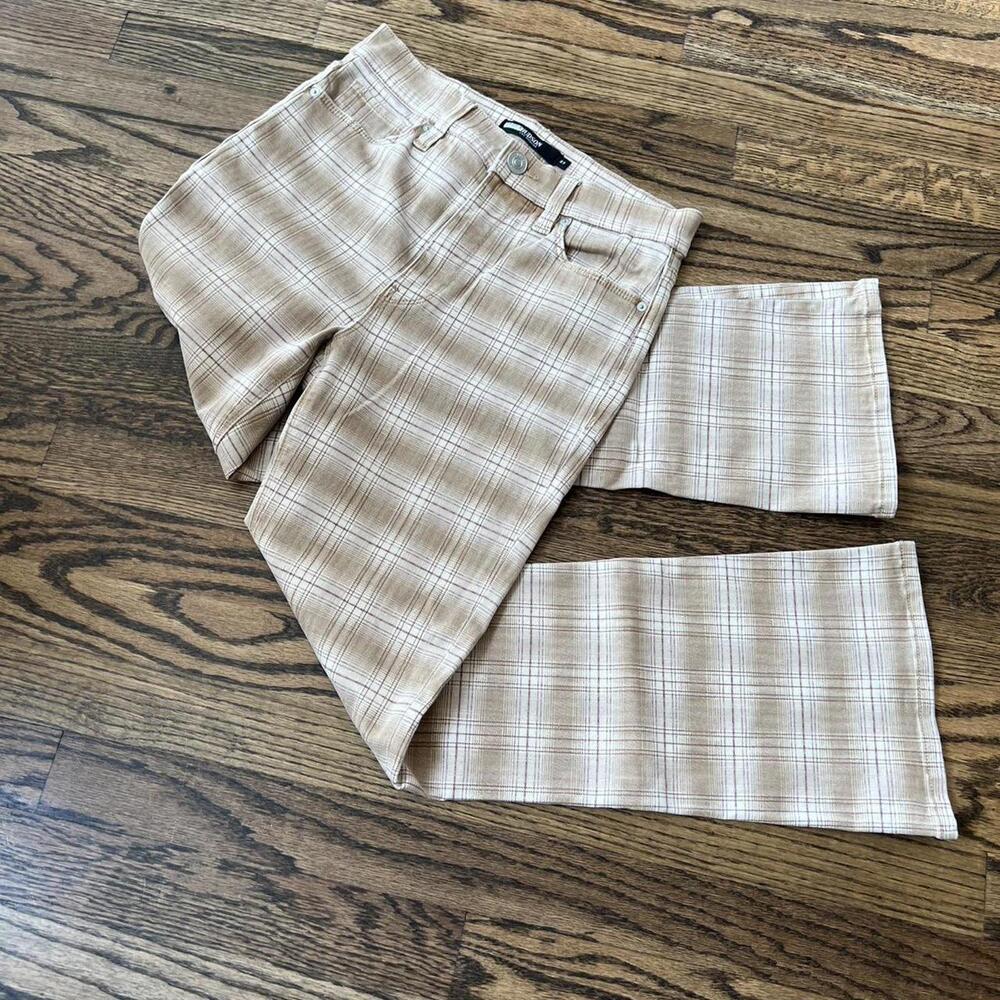 Tan cream brown high-waisted plaid Hudson flared jeans